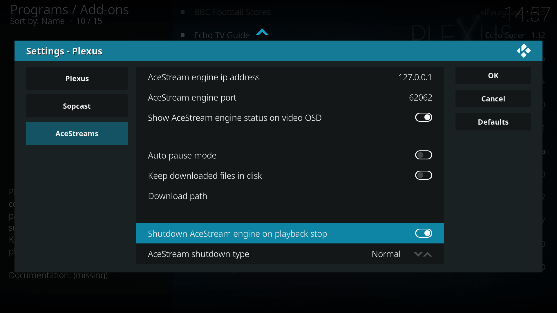 plexus kodi config settings