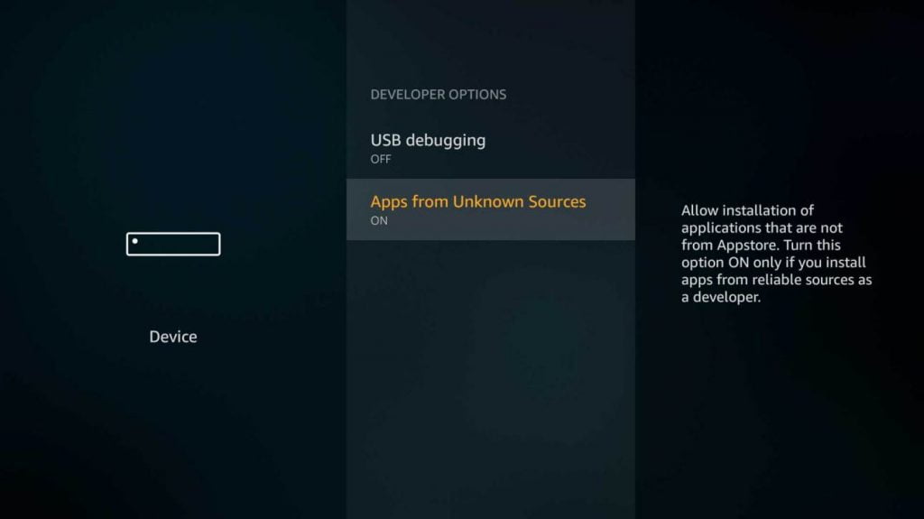 amazon fire cube settings section developer options apps from unknown sources menu
