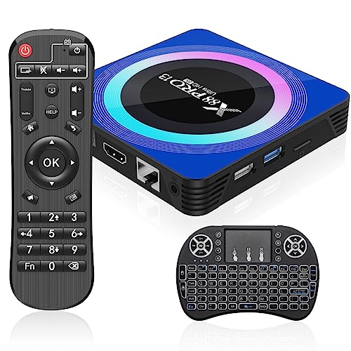 Android 13.0 TV Box, 6K 8K Android Box with 4GB RAM 64GB ROM RK3528 Quad-Core Support WiFi6 2.4Ghz/5.0Ghz HDR10 BT 5.0 H.265 USB 2.0 3.0 3D Ethernet with Mini Backlit Keyboard