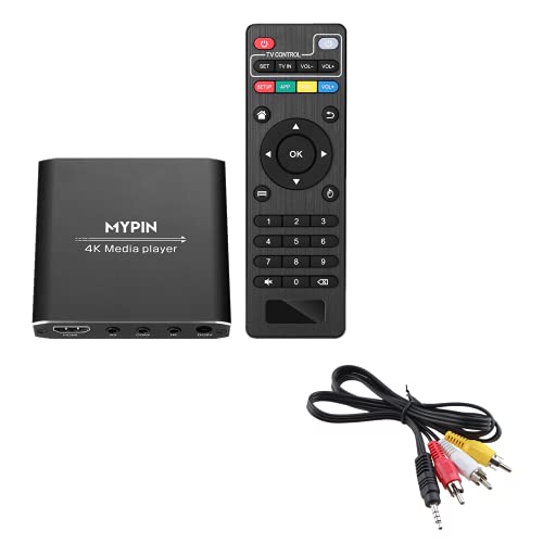 4K Media Player with ONE AV Cable, Digital MP4 Player for 8TB HDD/USB Drive/TF Card/H.265 MP4 PPT MKV AVI Support HDMI/AV/Optical Out and USB Mouse/Keyboard-HDMI up to 7.1 Surround Sound (Black)