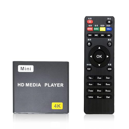 HDMI Media Player, 4K Full HD Digital Media Player with Remote Control, Supports USB Drive, SD Card, 4K@60Hz Output, H.265 decoding for Advertising Playback Multimedia TV auto Playback.