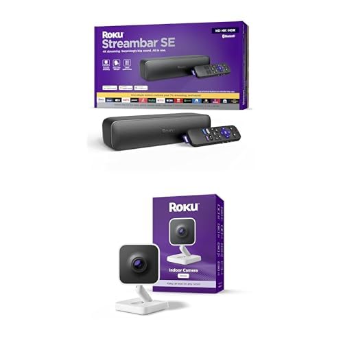 Roku Streambar SE | 2-in-1 TV Soundbar with Built-in 4K/HD/HDR Streaming, Premium Speakers + Roku New Indoor Camera 2024 - Home Security - 1-Pack - Wired Security Camera with 1080p HD