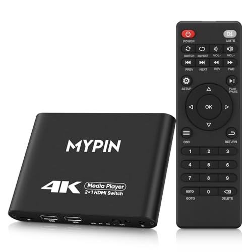 4K@30 Media Player with 2 in 1 Out HDMI Switch Function, 2 Port HDMI Switcher Splitter, Automatic Switch with Remote, Medie Player Supports Image, Music, Video Playback