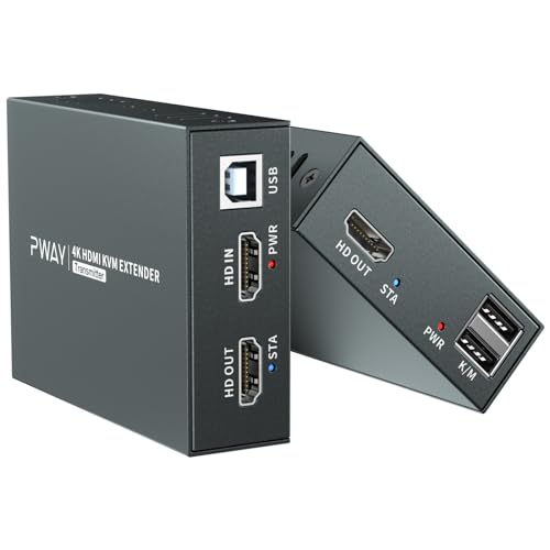 PWAYTEK 4K HDMI KVM USB Extender Transmit 4K@60Hz Video Over Cat5e/6 Ethernet Cable 60m (196ft) Zero Latency Support Mouse Keyboard Control Remote Signal NVR