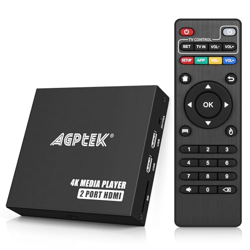 4K@30hz HDMI TV Media Player with Dual HDMI, One AV/VGA Output, 4K HDMI Splitter Function, Digital MP4 Player for 14TB HDD/512G USB Drive/256G SD Card/H.265 MP4, with Remote Control for MP3 AVI etc