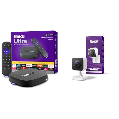 Roku Ultra 2024 - Ultimate Streaming Player - 4K Streaming Device for TV with HDR10+ Roku New Outdoor Camera 2024 - Home Security - IP65 Weather Resistant Wired Security Camera with 1080p HD