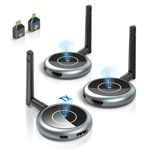 Wireless HDMI Transmitter and Receiver, Wirelessly Simultaneous Expansion of Multiple Televisions,5G 1080P@ 60HZ HDMI Extender,Plug and Play- Stream Video Audio for PC/Laptop/TVs (1TX+1RX)