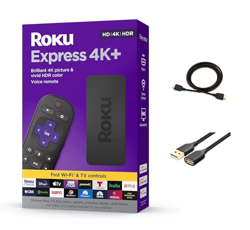 Roku Express 4K+ Streaming Player, HD/4K/HDR with Roku Voice Remote, TV Controls & Premium HDMI Cable & Smooth Wi-Fi, with MTC HDMI Cable and USB Extension Cord, Black