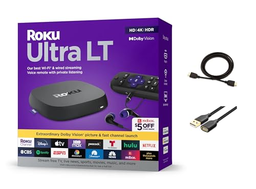 Roku Ultra LT Streaming Device, 4K | HDR | Dual-Band, Wi-Fi, with Roku Voice Remote and HDMI Cable, with MTC USB Extension Cord and HDMI Cable