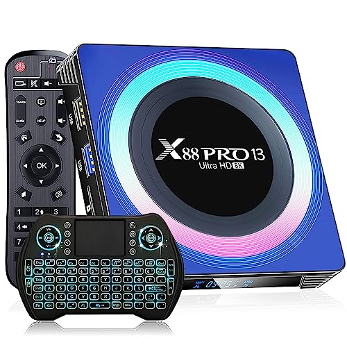 Android TV Box 2024, Android Box 13.0 4GB RAM 64GB ROM WiFi 6 8K 6K 4K, X88 PRO 13 TV Box Android RK3528 Quad-Core 2.4G/5G Dual-WiFi Bluetooth TV Box Android with Backlit Mini Wireless Keyboard