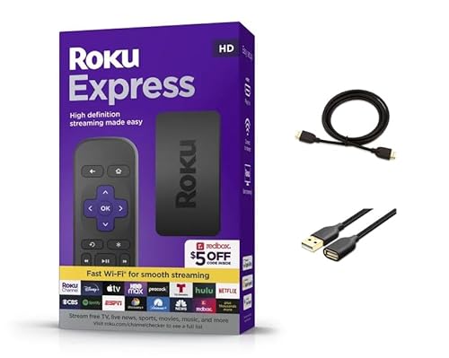 Roku Express HD Streaming Device, with High-Speed HDMI Cable and Simple Remote (no TV Controls), Guided Setup, Fast Wi-Fi, with MTC HDMI Cable and USB Extension Cord, Black
